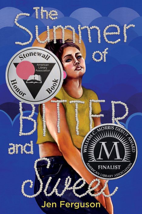 "The Summer of Bitter and Sweet" von Jen Ferguson. Zwei Medaillen, dunkelhaarige Person vor blauem Hintergrund.
