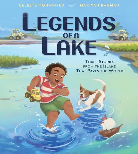 Text: "Legends of a Lake" und "Three Stories from the Island That Paves the World". Kind spielt mit Hund am See.