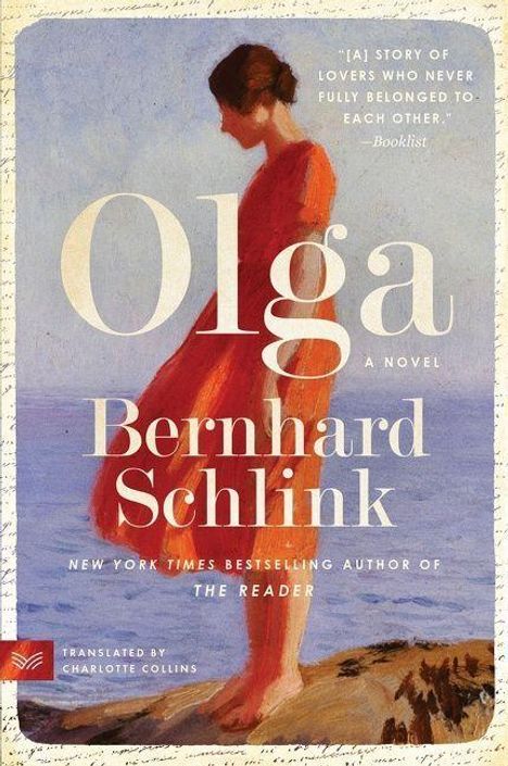 „Olga, A Novel“ von Bernhard Schlink. Eine Frau in rotem Kleid betrachtet das Meer.