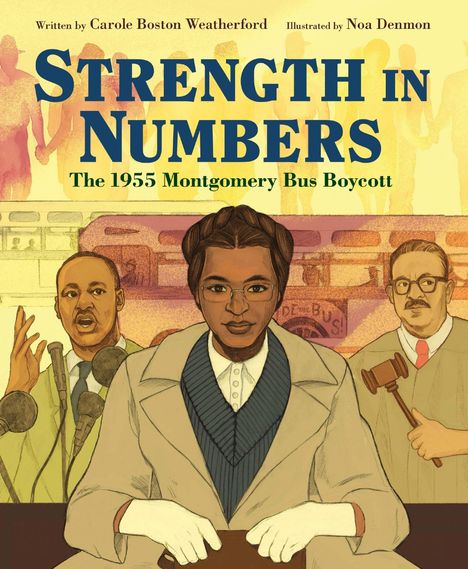 "Strength in Numbers: The 1955 Montgomery Bus Boycott." Illustration: Frau mit Brille, Redner, Richter mit Hammer.