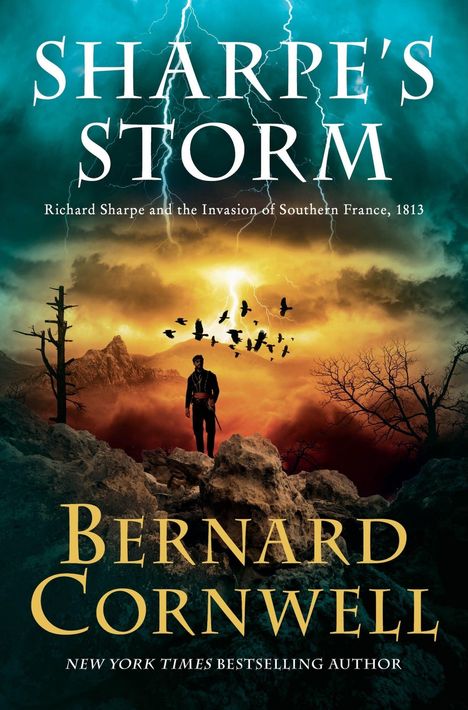 "SHARPE'S STORM" und "Bernard Cornwell" in großer Schrift, ein Soldat steht vor einem dramatischen Himmel mit Blitzen.