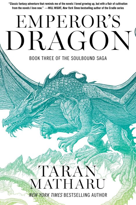 Buchtitel: "EMPEROR'S DRAGON, BOOK THREE OF THE SOULBOUND SAGA." Illustration eines grünen Drachen über Bergen.