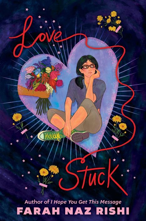 "Love Stuck" von Farah Naz Rishi. Illustration: Eine nachdenkliche Person sitzt in einem Herz, umgeben von Blumen.