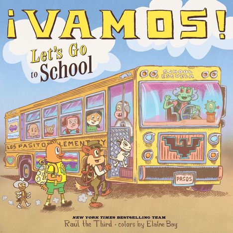 "¡Vamos! Let's Go to School" steht auf einem gelben Schulbus voller fröhlicher Tiere.