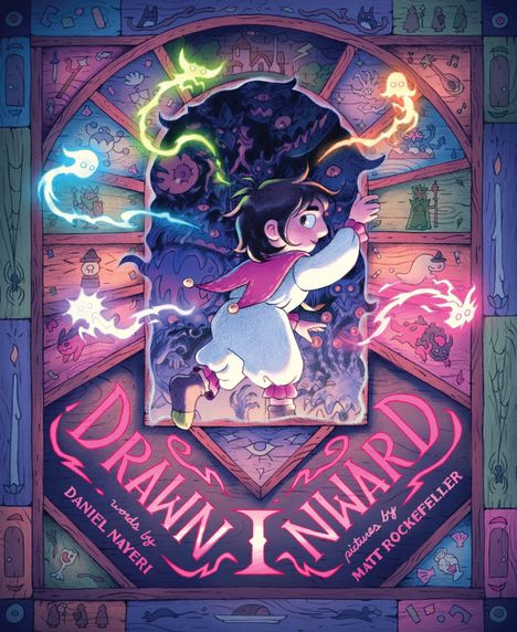 Texte vorne: "DRAWN INWARD", "words by DANIEL NAYERI", "pictures by MATT ROCKEFELLER". Illustration eines Kindes mit Farben.