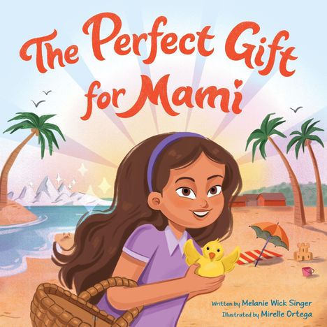 Der Text „The Perfect Gift for Mami“. Ein Mädchen an einem Strand hält einen gelben Vogel und trägt einen Korb.