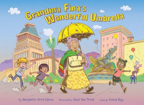 "Grandma Fina's Wonderful Umbrella." Eine fröhliche Oma spaziert unter einem gelben Schirm mit drei fröhlichen Kindern durch die Stadt.