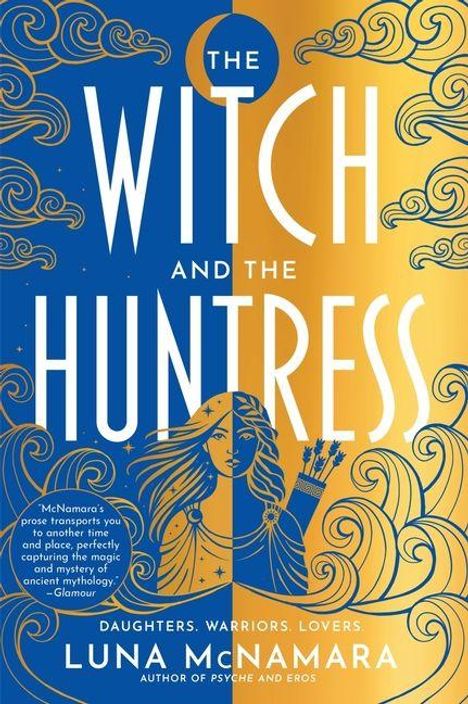 „The Witch and the Huntress“ in Weiß auf zweifarbigem Hintergrund. Illustration: Frau mit Pfeilen, Wolken.