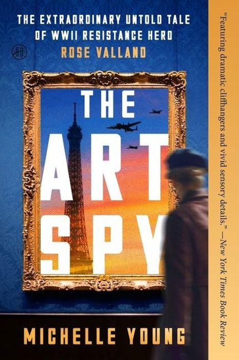 "THE ART SPY, Michelle Young." Vintage-Rahmen mit Eiffelturm und Flugzeugen. Silhouette einer Person in Bewegung.