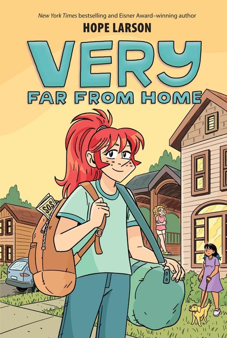 Oben: "New York Times bestselling and Eisner Award-winning author Hope Larson": "VERY FAR FROM HOME". Illustration eines Mädchens mit rotem Haar, Rucksack und Wohnhäusern im Hintergrund.