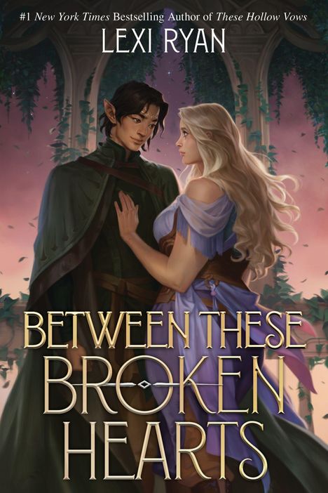 "BETWEEN THESE BROKEN HEARTS". Eine Frau und ein Mann mit spitzen Ohren stehen unter einem Bogen in einem romantischen Moment.