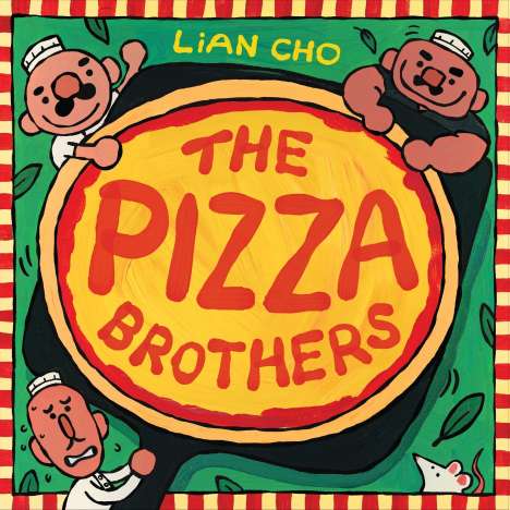 Text: "THE PIZZA BROTHERS". Illustration: Drei Cartoon-Pizzabäcker halten eine riesige Pizza. Farbenfroh und verspielt.