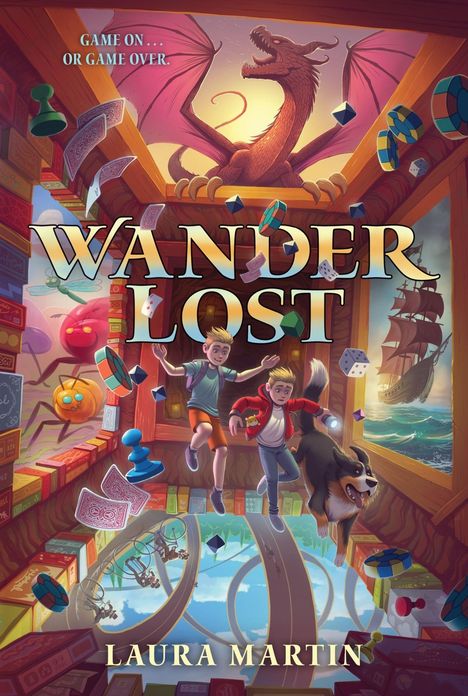 Titel: "Wanderlost". Untertitel: "Game on... or game over." Zwei Kinder und ein Hund in einer bunten Spielewelt mit Drachen und Schiff.