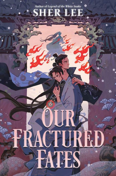 „Our Fractured Fates“ von Sher Lee. Zwei Figuren in einem stilisierten, feurigen Tempelmotiv.