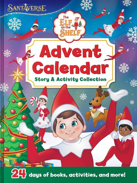 "Advent Calendar: Story & Activity Collection. 24 days of books, activities, and more!" zeigt Elfen und einen Weihnachtsbaum.