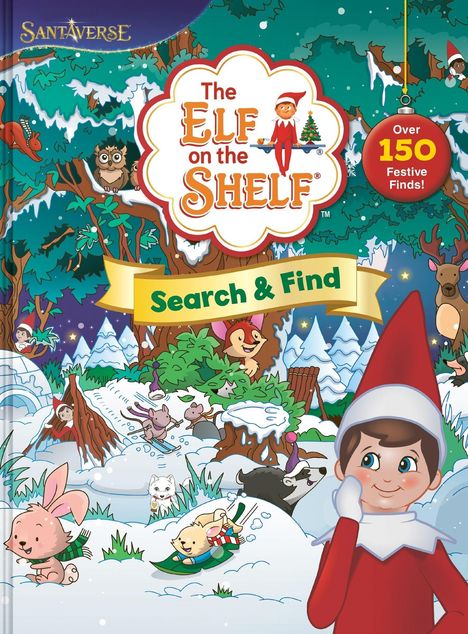 "The Elf on the Shelf", "Search & Find", "Over 150 Festive Finds!" Bunte Illustration mit Tieren im Winterwald. Ein Elf lächelt.