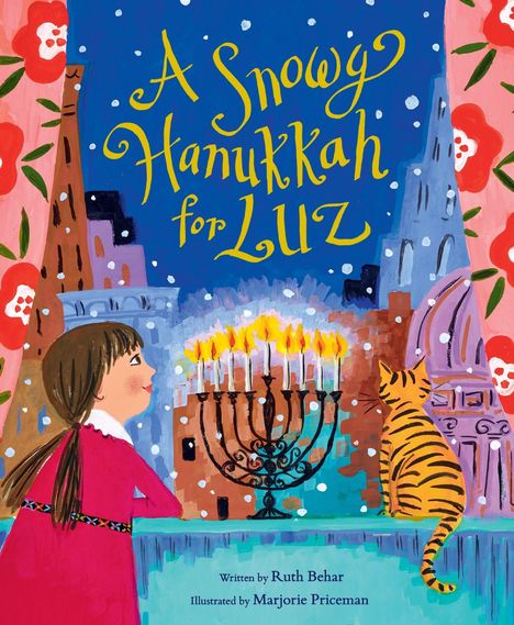 Text: "A Snowy Hanukkah for Luz". Illustration einer Stadt mit Schnee, einem Mädchen, einem Kandelaber und einer Katze.