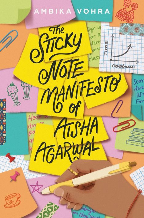 Verschiedene bunte Notizzettel überlappen sich. In der Mitte steht groß „The Sticky Note Manifesto of Aisha Agarwal“. Eine Hand hält einen Stift.