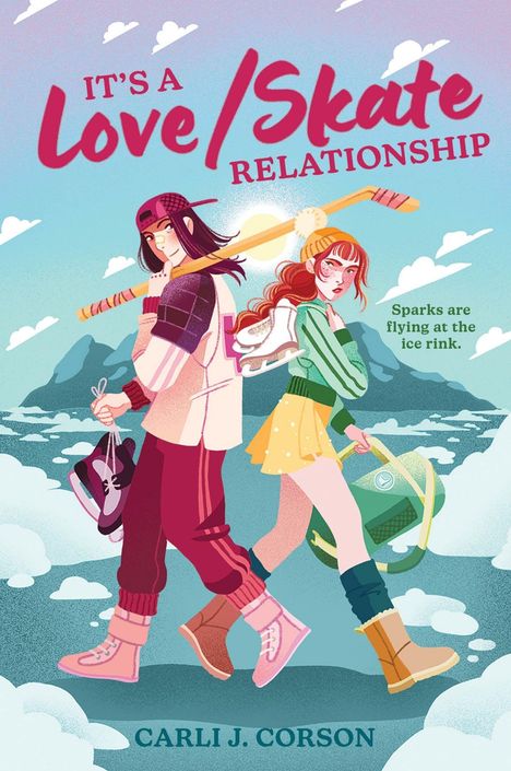 Text: "It's a Love/Skate Relationship. Sparks are flying at the ice rink. CARLI J. CORSON." Illustration: Zwei Personen mit Schlittschuhen.
