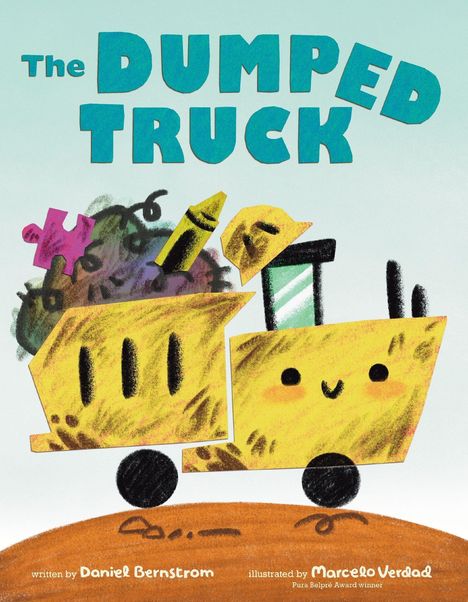 "The Dumped Truck" in großen blauen Buchstaben. Illustration eines fröhlichen gelben Lastwagens mit Rädern.