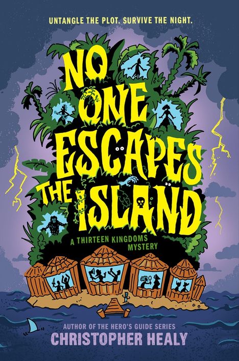 Buchtitel "No One Escapes the Island" in Gelb und Lila, mit Silhouetten auf Hütten und Dschungelpflanzen.