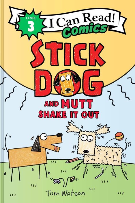 Titel: "Stick Dog and Mutt Shake It Out", Level 3 Comic. Zwei gezeichnete Hunde auf grünem Gras.