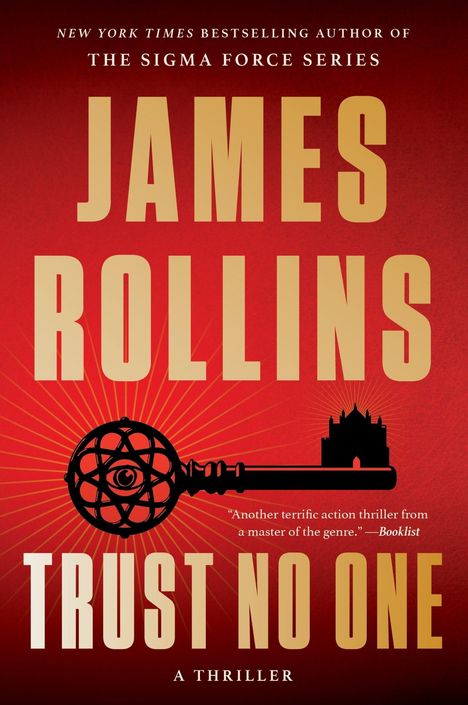 Text: "James Rollins, Trust No One, A Thriller". Roter Hintergrund, goldener Text, schwarzes Symbol und Silhouette einer Burg.