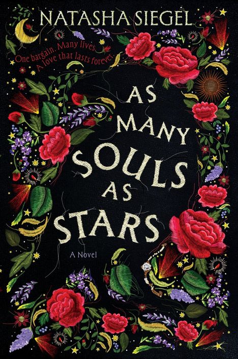 "AS MANY SOULS AS STARS" in großen Buchstaben, umgeben von roten Rosen, violetten Blüten, Monden und Sternen.