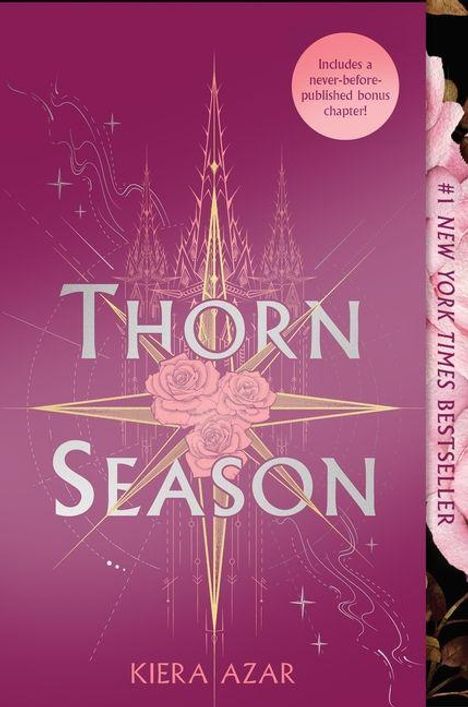 „Thorn Season“ von Kiera Azar, #1 New York Times Bestseller. Illustration mit rosa Rosen und goldenen Akzenten auf lila Hintergrund.