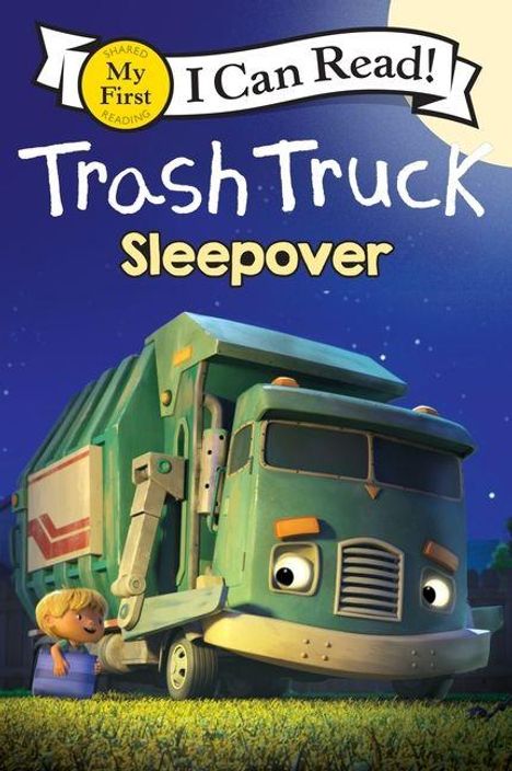 "I Can Read! My First Reading: Trash Truck Sleepover." Illustration eines Müllwagens mit lächelndem Kind und Nachtkulisse.