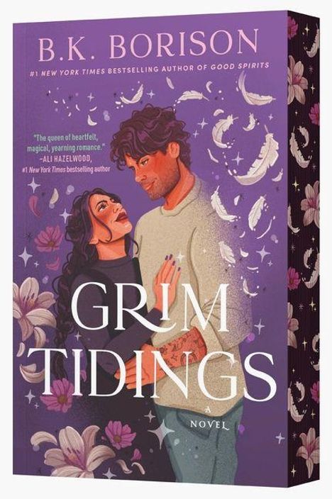 „GRIM TIDINGS“ von B.K. Borison. Illustration eines Paares in liebevoller Pose mit floralen Motiven auf lila Hintergrund.