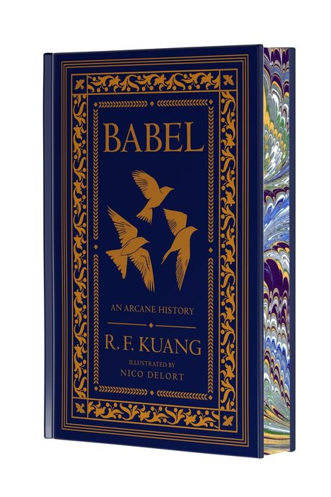 "Babel: An Arcane History", R.F. Kuang, Illustration von Nico Delort. Goldene Vögel und Verzierungen auf dunkelblauem Hintergrund.
