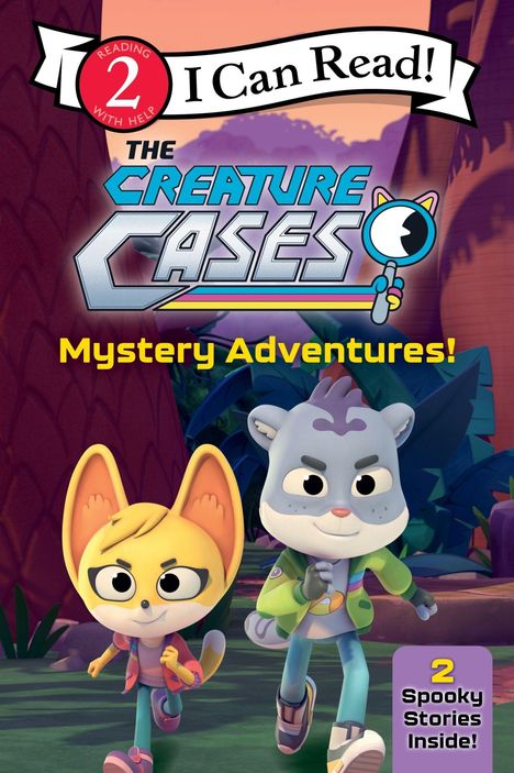 "2 I Can Read! The Creature Cases Mystery Adventures! 2 Spooky Stories Inside!" Zwei cartoonartige Tierfiguren laufen.