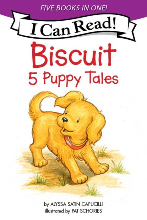 „I Can Read!” „Biscuit: 5 Puppy Tales”. Illustration eines fröhlichen Welpen mit gelbem Fell, rotes Halsband.