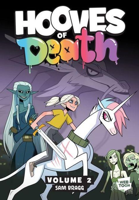 "Hooves of Death", "Volume 2", "Sam Bragg", "WEBTOON". Illustratorischer Stil mit einem Einhorn und Figuren, darunter zwei Elfen.
