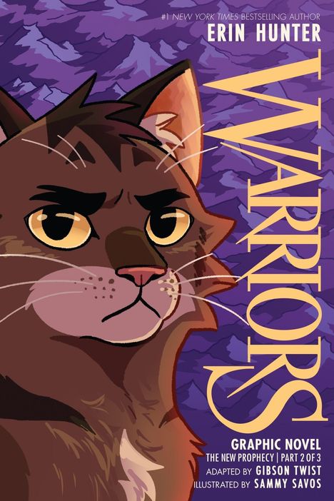 Text: "Warriors", "Erin Hunter", "Graphic Novel", "The New Prophecy", "Part 2 of 3". Illustration: Eine Katze vor lila Hintergrund.