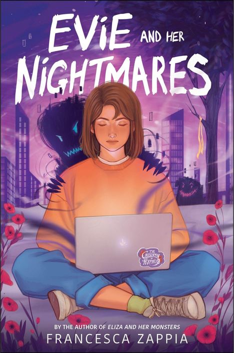 "Evie and Her Nightmares", ein Mädchen mit Laptop, rosa und violette Stadtlandschaft, Schriftzug "Coffee Happens" auf Laptop.