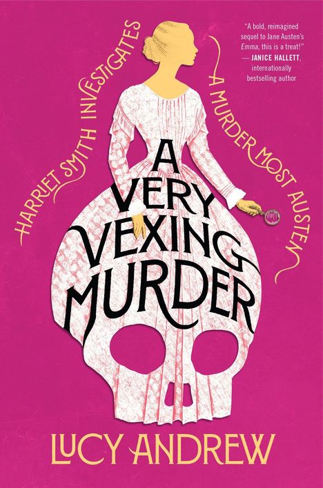 „Harriet Smith Investigates: A Murder Most Austen“ in geschwungenem Text, Frau mit Lupe, Schädel-Kleid, pinker Hintergrund.