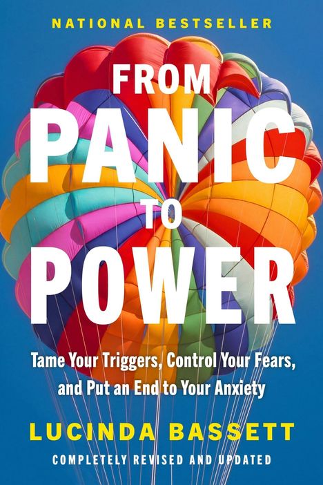 "From Panic to Power" von Lucinda Bassett. Bunter Heißluftballon im Hintergrund.