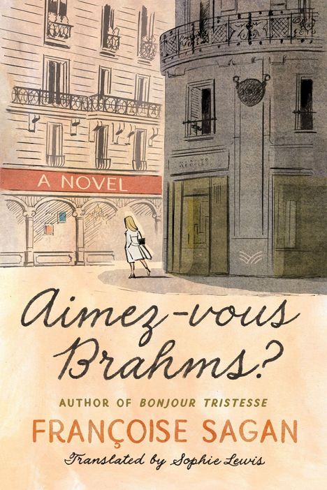 "Aimez-vous Brahms?" Illustration eines Pariser Straßencafés mit Frau im weißen Kleid, Text von Françoise Sagan.