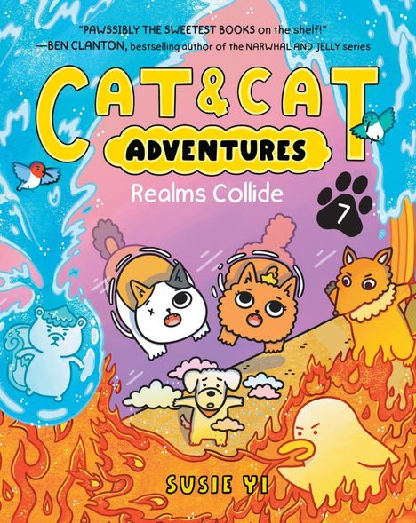 Text: "PAWSSIBLY THE SWEETEST BOOKS ON THE SHELF!", "CAT & CAT ADVENTURES", "Realms Collide", "7", "SUSIE YI". Illustration von niedlichen Tieren in verschiedenen Elementen wie Feuer und Wasser.
