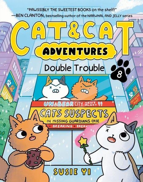 Titel: "CAT & CAT ADVENTURES: Double Trouble". Zwei cartoonartige Katzen. Eine hält einen Keks, die andere einen Zauberstab.