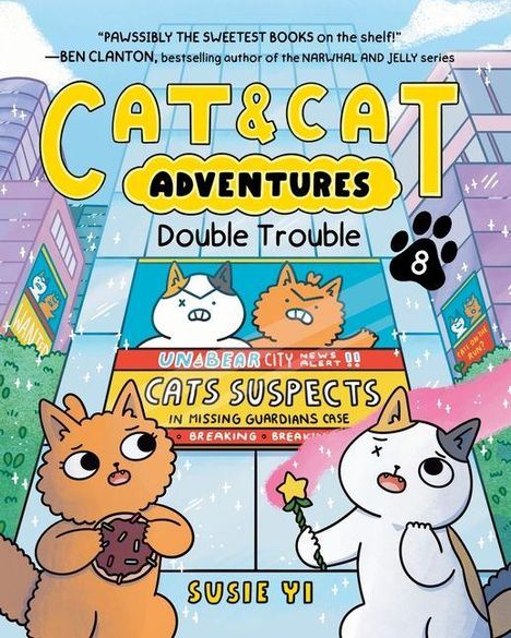 „CAT & CAT ADVENTURES: Double Trouble“ steht im Vordergrund, bebildert mit zwei cartoonartigen Katzen in einer Stadt.