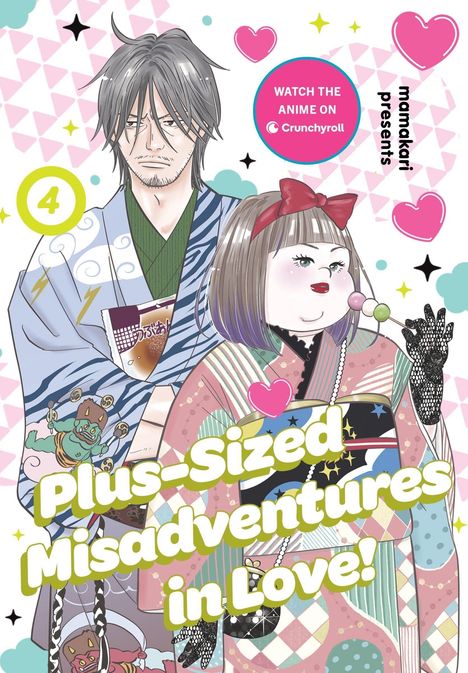 "Plus-Sized Misadventures in Love!" Zwei Personen in Kimonos, umgeben von Herzen und Mustern. Nummer 4.
