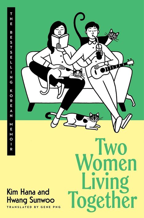 "Two Women Living Together" ist der Titel. Illustration: Zwei Frauen auf einem Sofa mit Katzen, eine liest, eine trinkt.