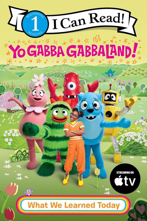 "Yo Gabba Gabba Land", "What We Learned Today", bunte Figuren in einer fröhlichen Landschaft.