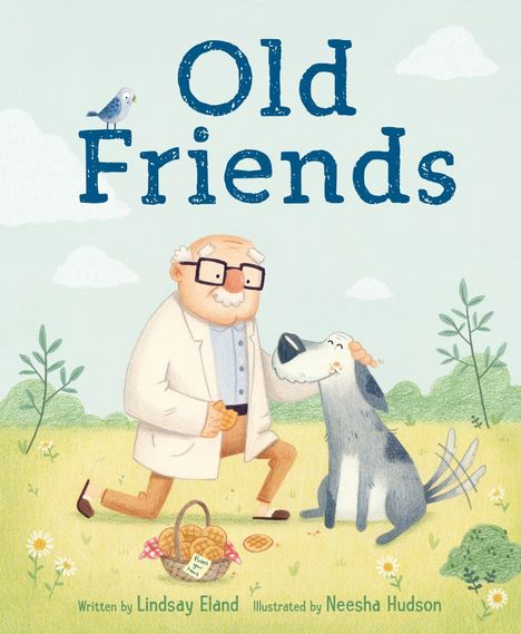 „Old Friends“; ein älterer Herr kniet fröhlich neben einem Hund in einem Garten. Im Korb liegen Kekse.