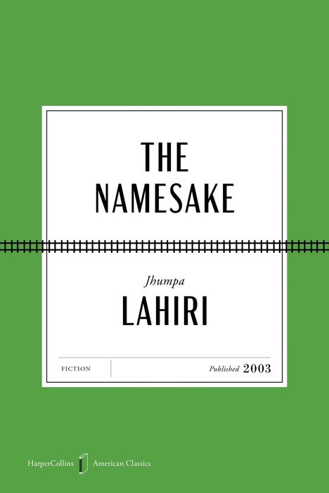 "The Namesake" von Jhumpa Lahiri, veröffentlicht 2003. Grüner Hintergrund, minimalistische Gestaltung.