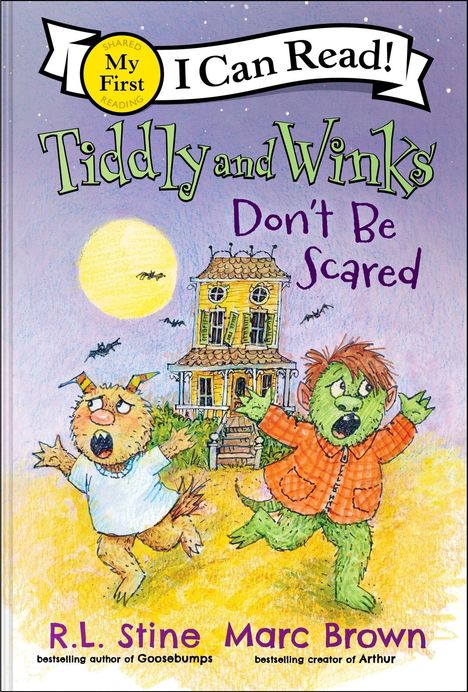 Text: "I Can Read! Tiddly and Winks Don't Be Scared" Zwei Monster vor einem alten Haus bei Vollmond.