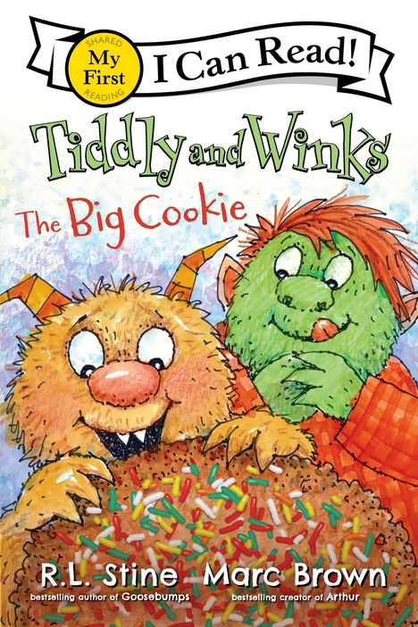 „I Can Read! Tiddly and Winks: The Big Cookie“ zeigt zwei bunte, fröhliche Monster mit einem riesigen, verzierten Keks.
